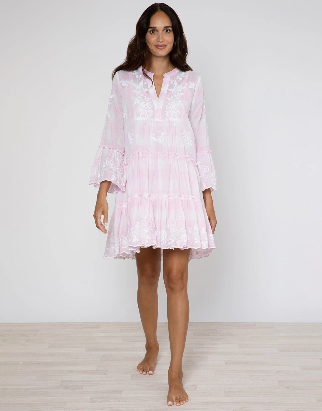 Butterfly Gingham Flared Sleeve Dress - Pink Swim Womens - bikinis clearance
