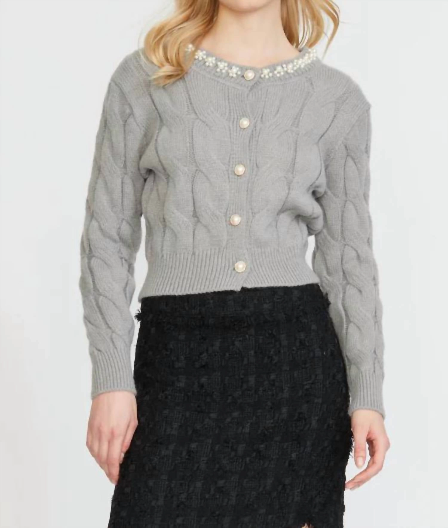 Cable Cardigan With Pearl Trim In Silver Tops Womens - sheer tops clearance