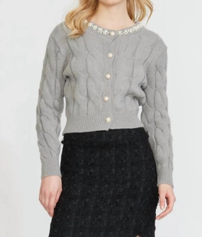 Cable Cardigan With Pearl Trim In Silver Tops Womens - sheer tops clearance