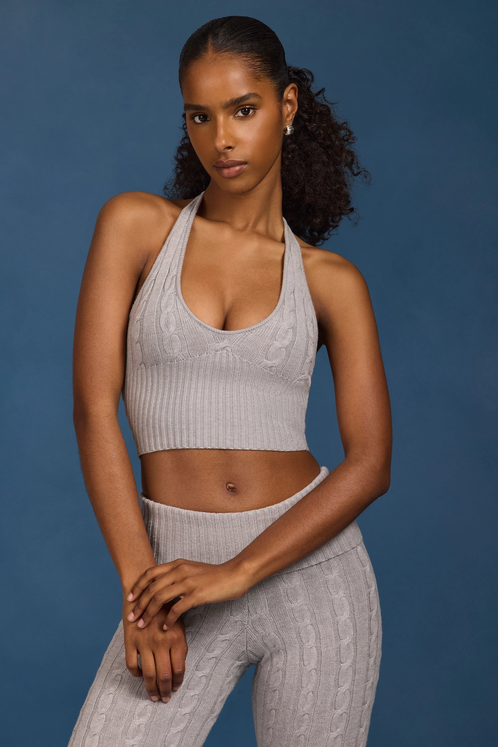 Cable-Knit Halterneck Crop Top in Grey Marl Tops - tops on sale