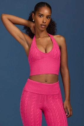 Cable-Knit Halterneck Crop Top in Hot Pink Tops - tops on sale