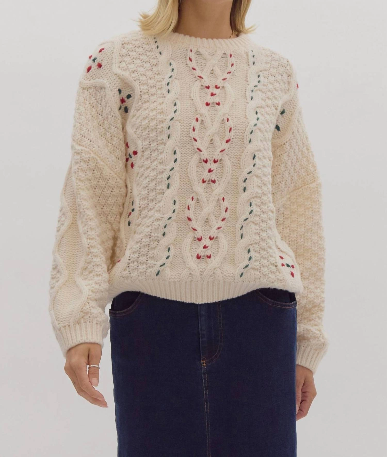 Cable Knit Round Neck Sweater In Beige Tops Womens - embroidered tops sale