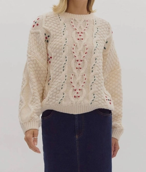Cable Knit Round Neck Sweater In Beige Tops Womens - embroidered tops sale