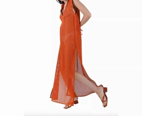 Caftan Camelia Maxi Cover Up Crochet Dress In Orange Swim Womens - shirred swimwear