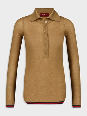 Camel Fine Rib Cashmere-Silk Knit Polo Knitwear Womens - women's knitwear cheap