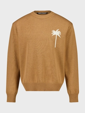 Camel Palm Tree Intarsia Crewneck Jumper Knitwear Mens - men's sweaters sale