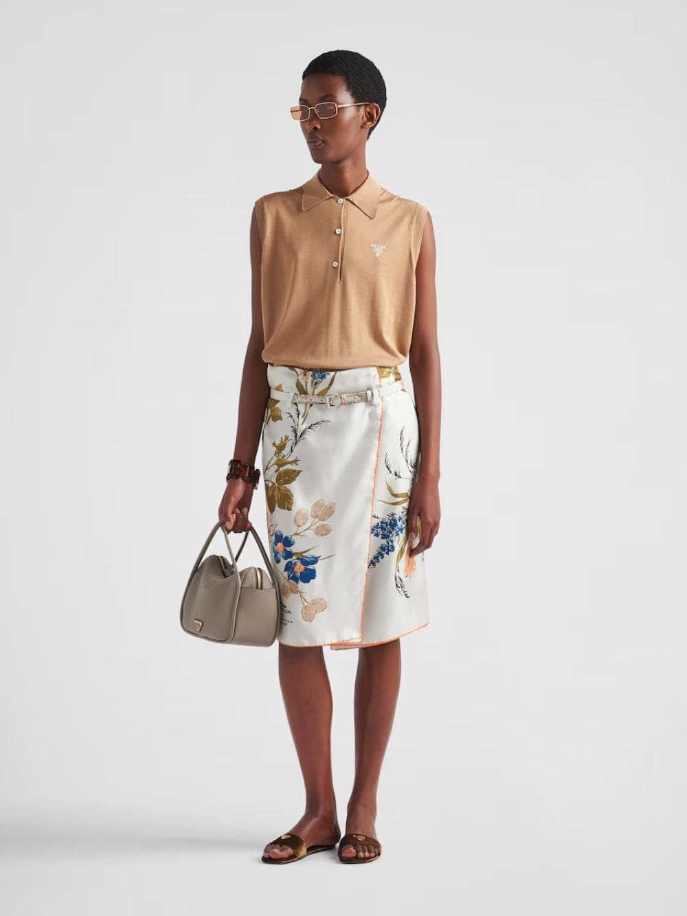 Camel Sleeveless Silk Polo