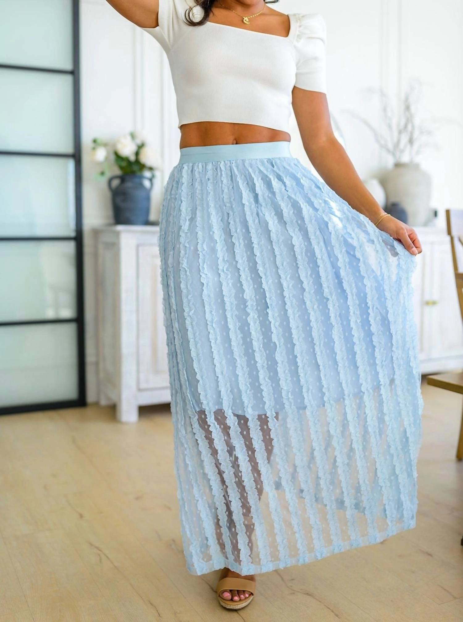 Cascading Ruffles A-Line Skirt In Sky Blue