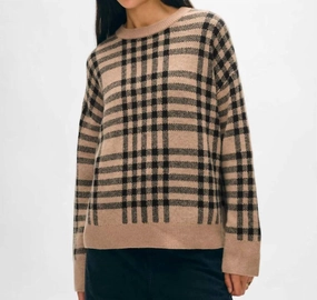 Cashmere Plaid Crewneck Sweater In Camel/black Tops Womens - sheer tops clearance