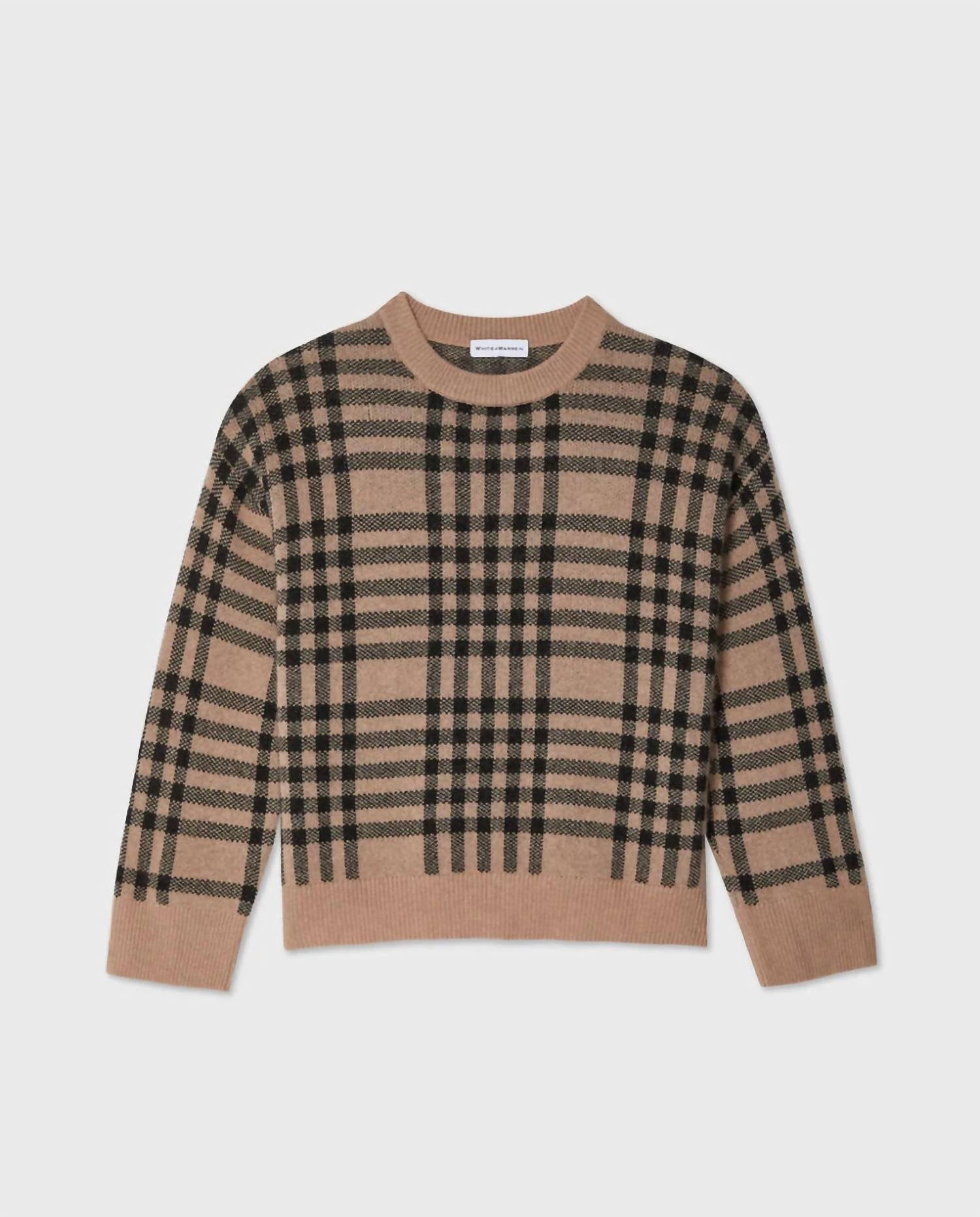 Cashmere Plaid Crewneck Sweater In Camel/black