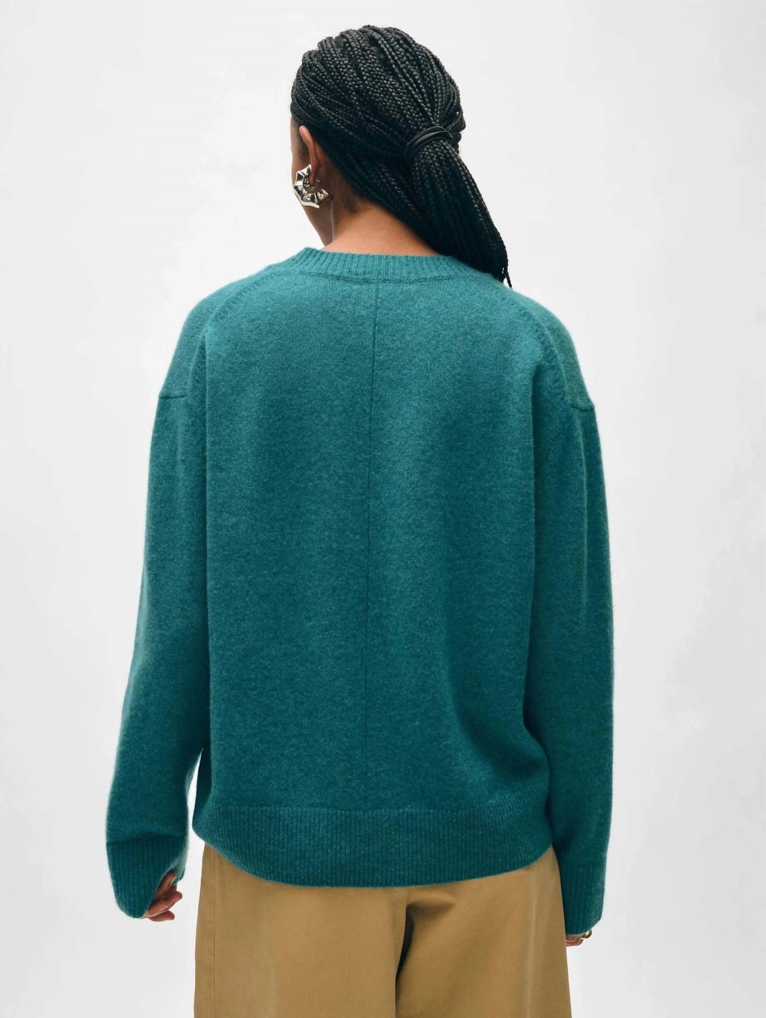 Cashmere Rib Trim V Neck Sweater In Jade Heather
