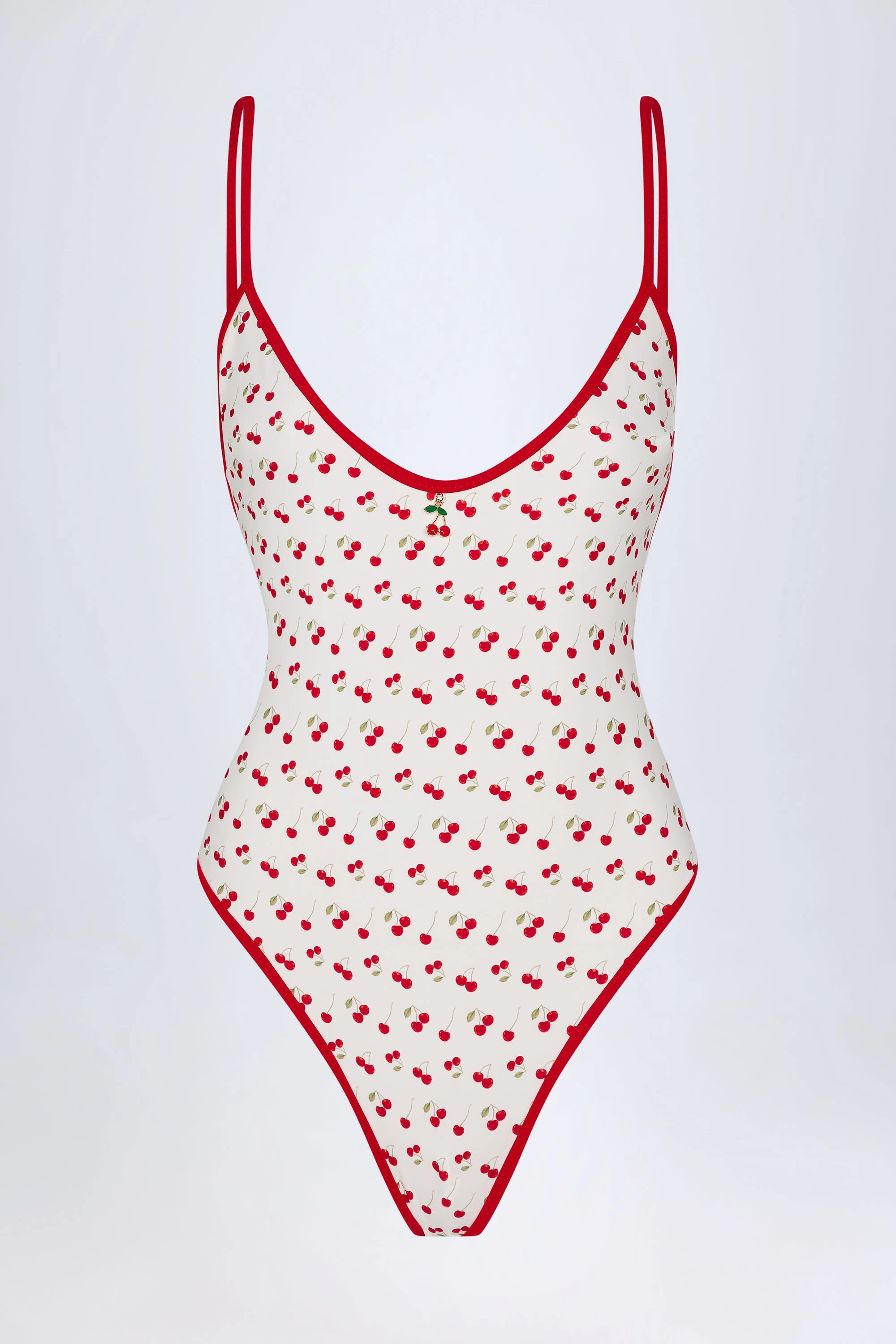 Charm-Detail Cross-Back Swimsuit in Cherry Print