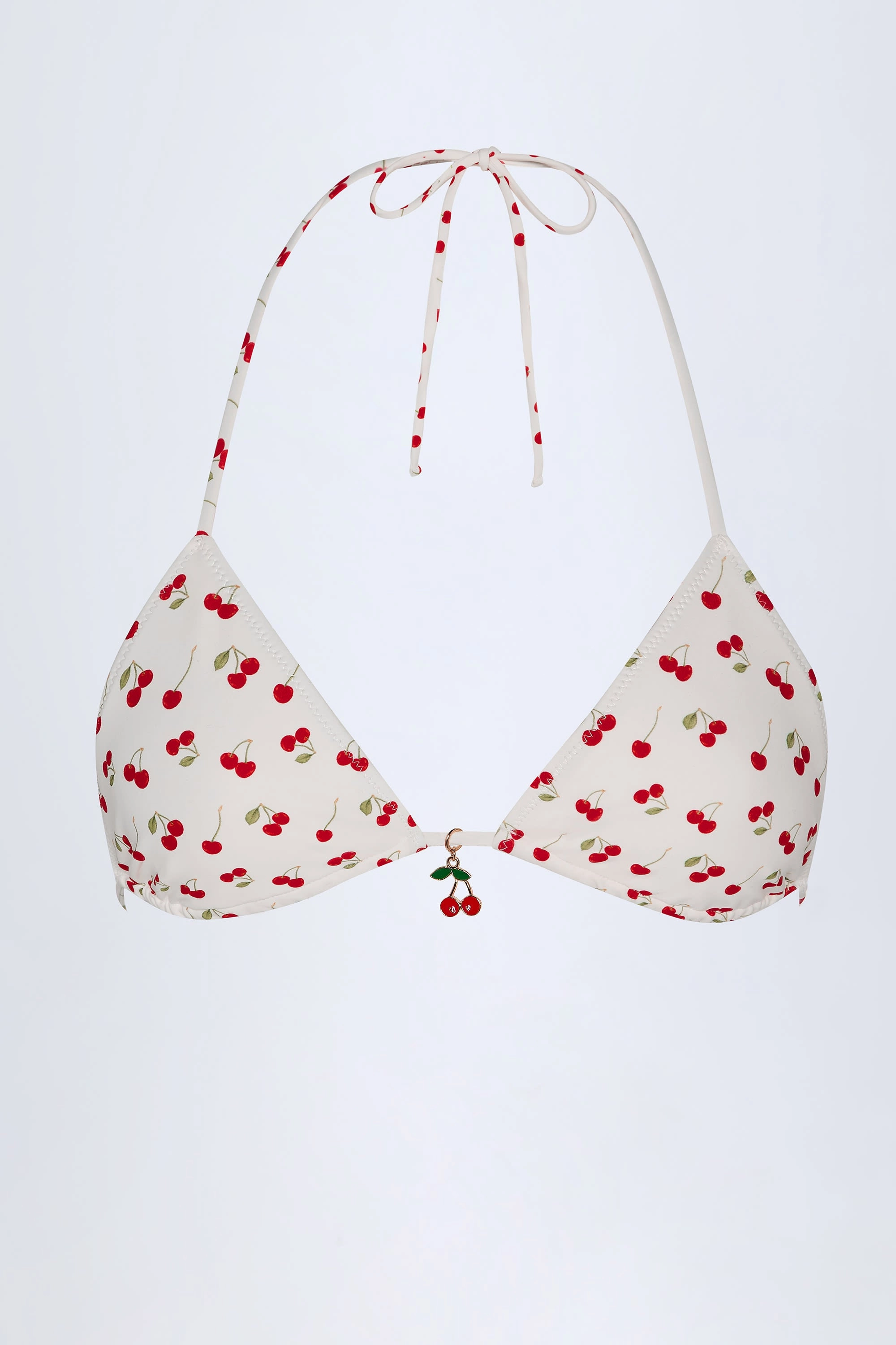 Charm-Detail Triangle Bikini Top in Cherry Print