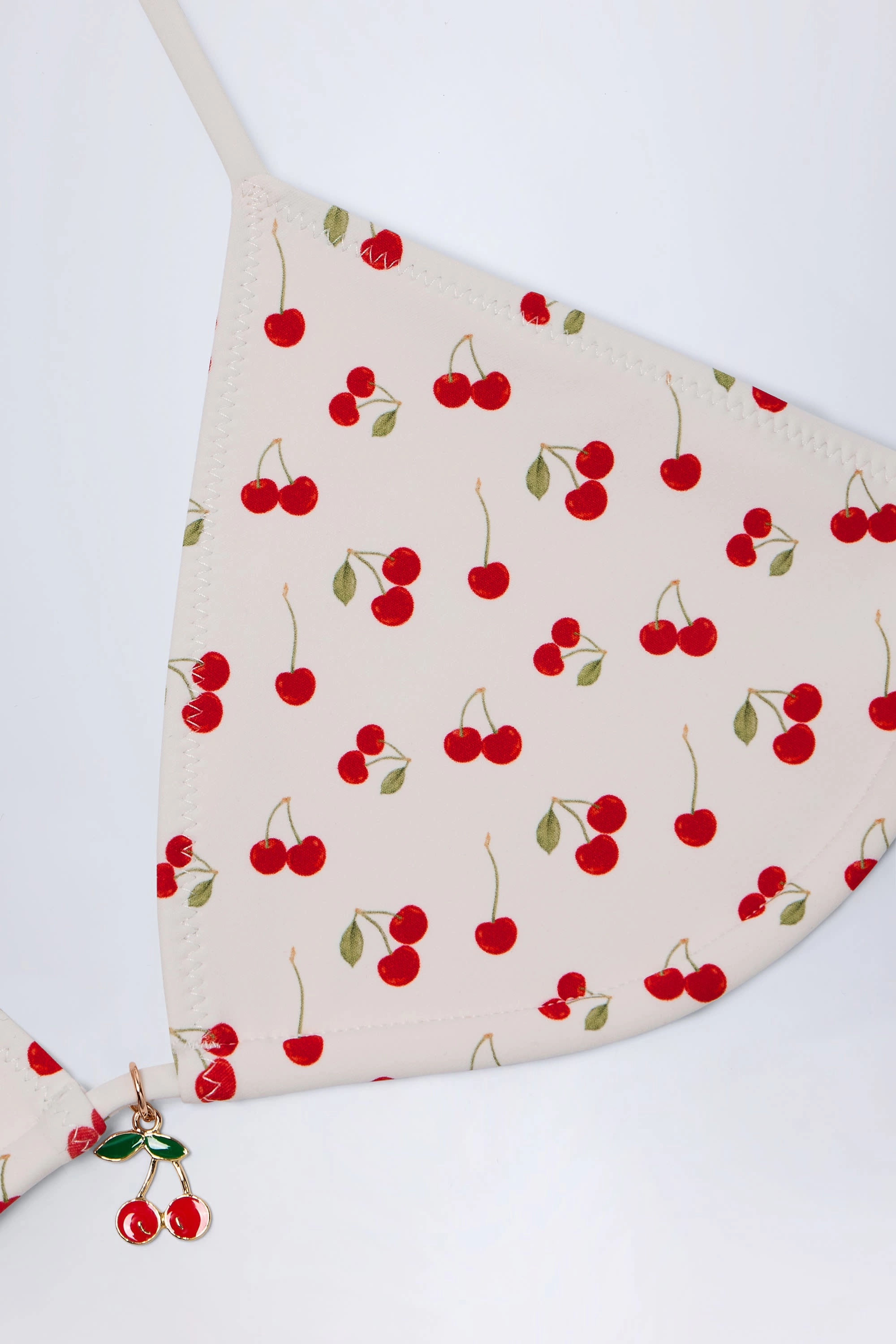 Charm-Detail Triangle Bikini Top in Cherry Print