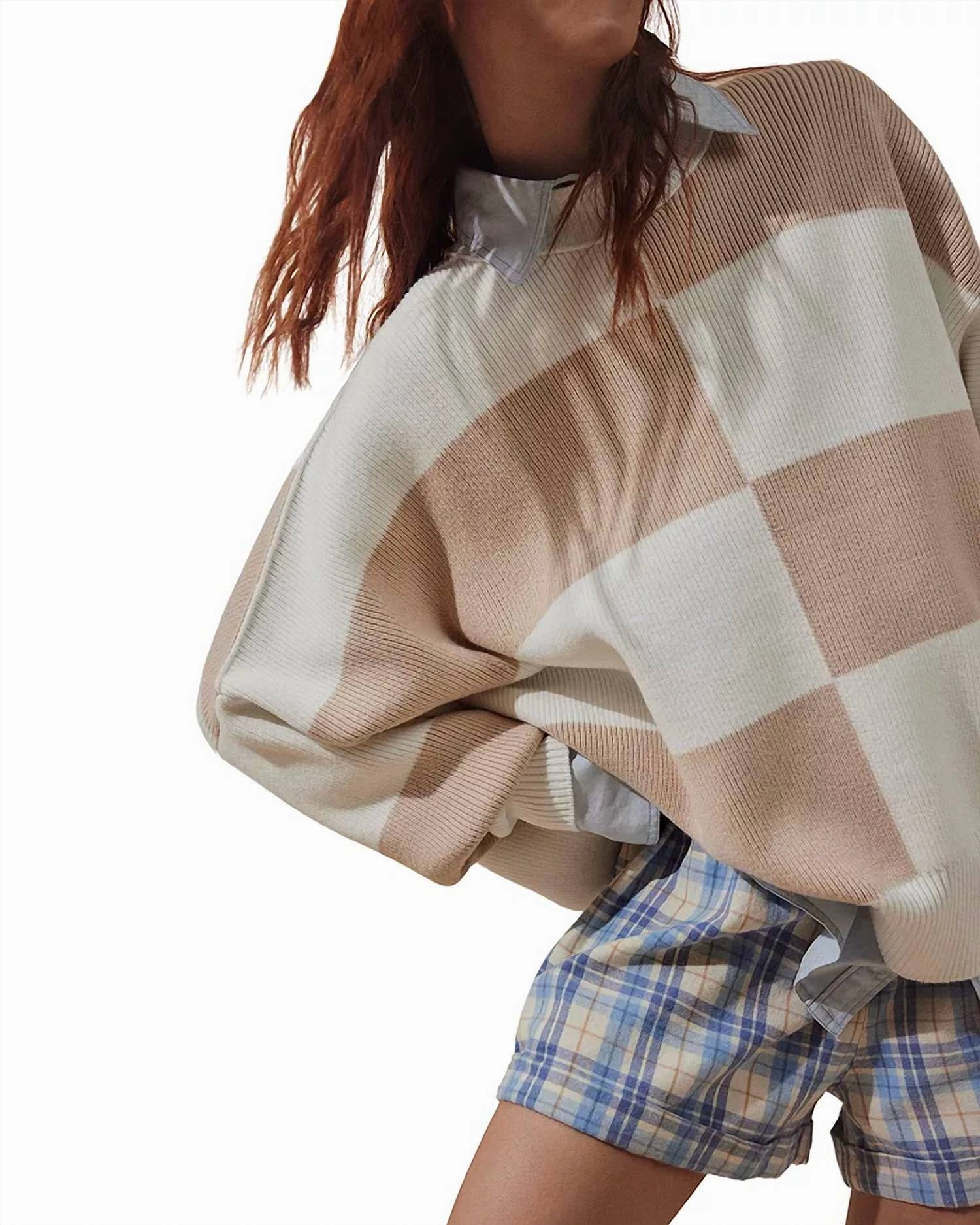 Checker Easy Street Sweater In White Sand