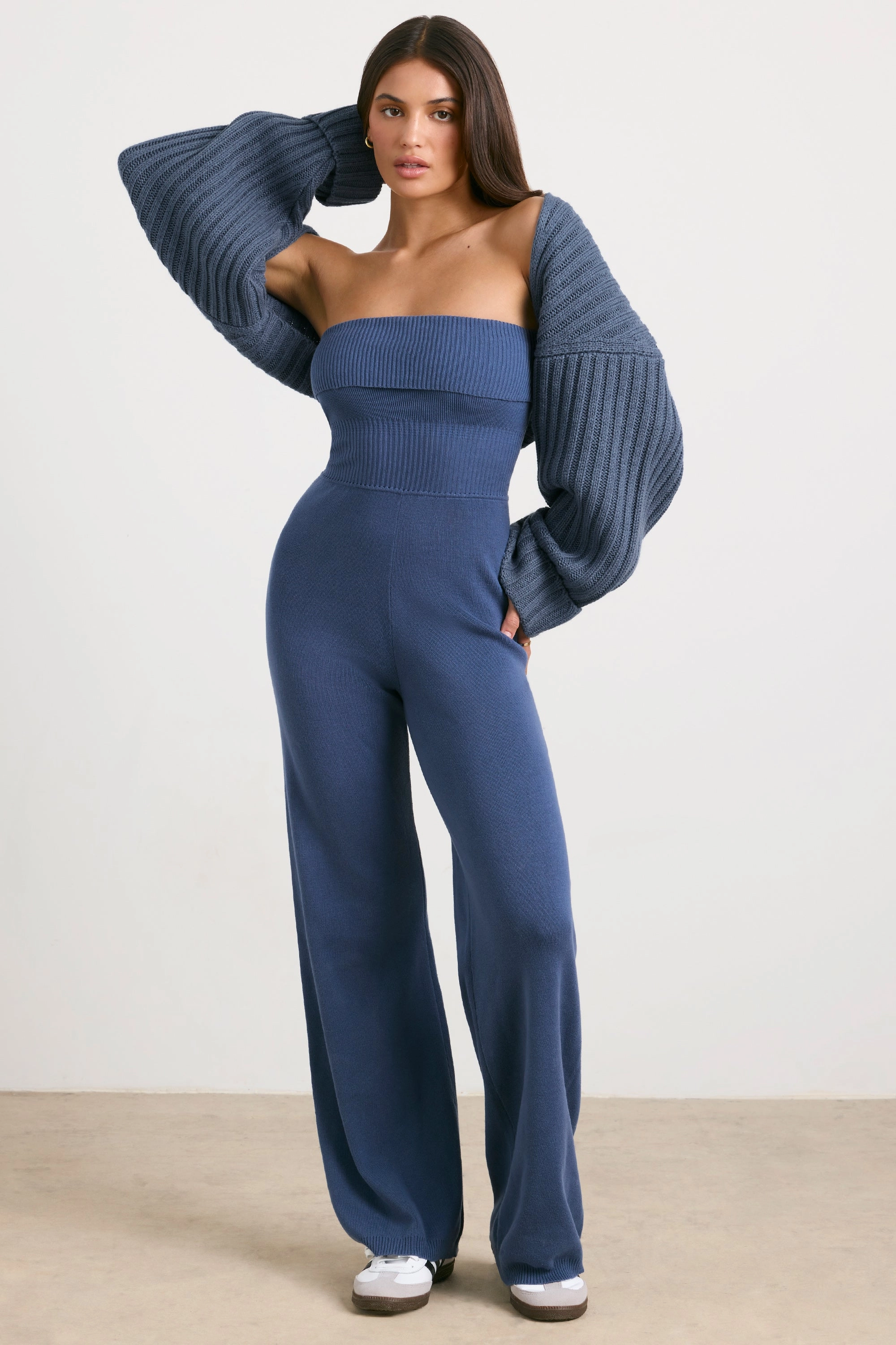 Chunky Knit Shrug in Washed Navy Tops - basic tees cheap