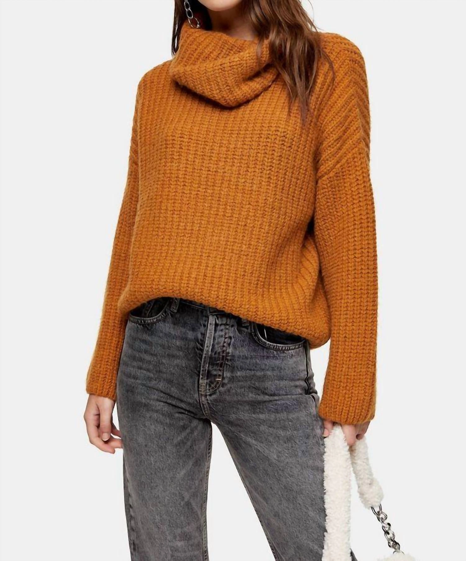 Chunky Knit Turtleneck Relaxed Sweater In Brown Tops Womens - embroidered tops sale