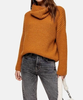Chunky Knit Turtleneck Relaxed Sweater In Brown Tops Womens - embroidered tops sale