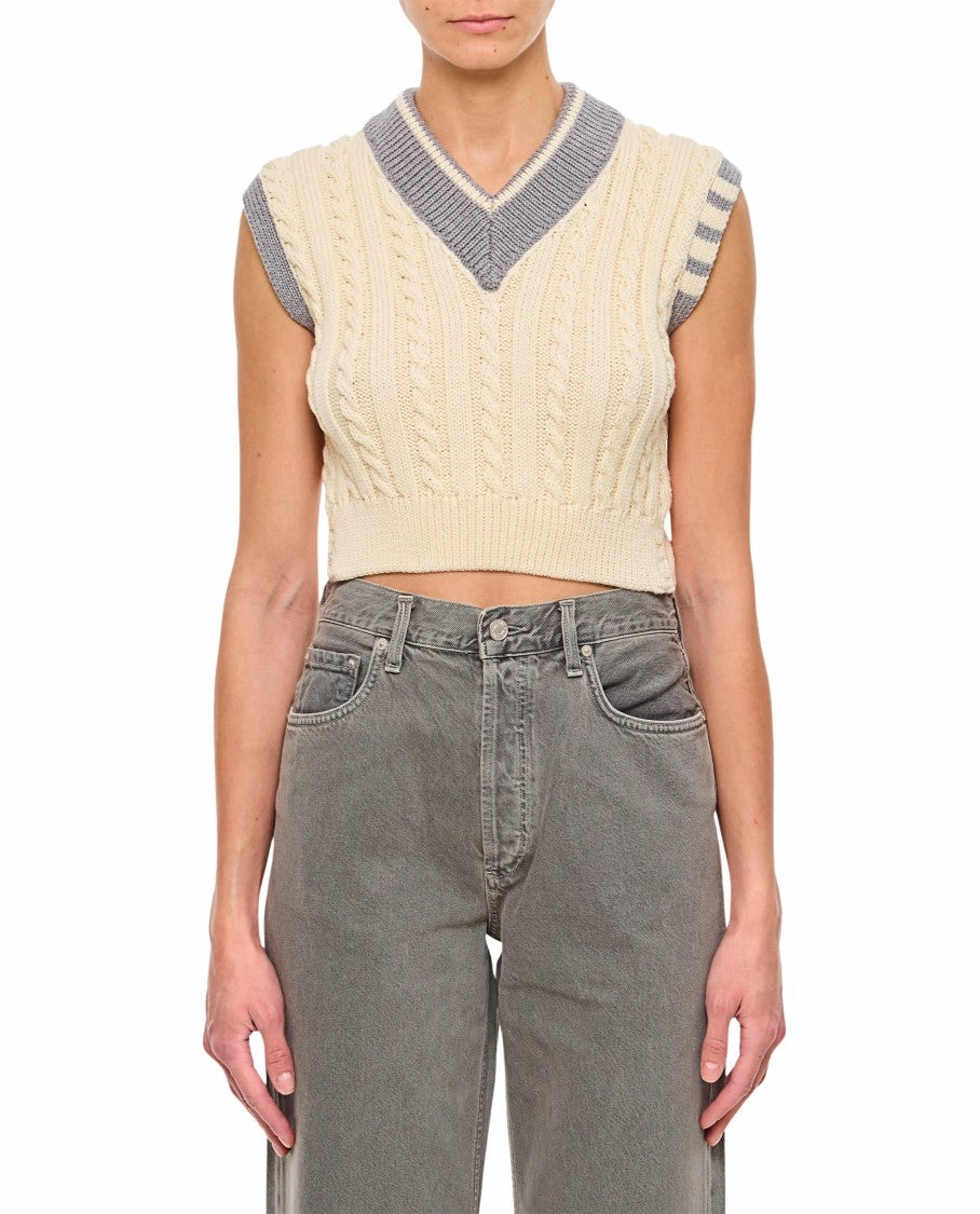 Classic Baby Cable Stitch Cropped V Neck Pullover Tops Womens - button-up blouses