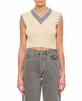 Classic Baby Cable Stitch Cropped V Neck Pullover Tops Womens - button-up blouses