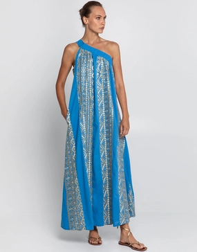 Classic Triangle Asymmetrical Maxi Dress - Blue Raf and Gold Swim Womens - bikinis clearance