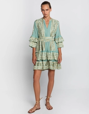 Classic Triangle Layered Mini Dress with Sash - Sea Green and Gold Swim Womens - bikinis clearance