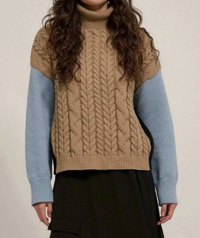 Color Block Turtle Neck Cable Knit Sweater In Taupe Tops Womens - cold-shoulder tops
