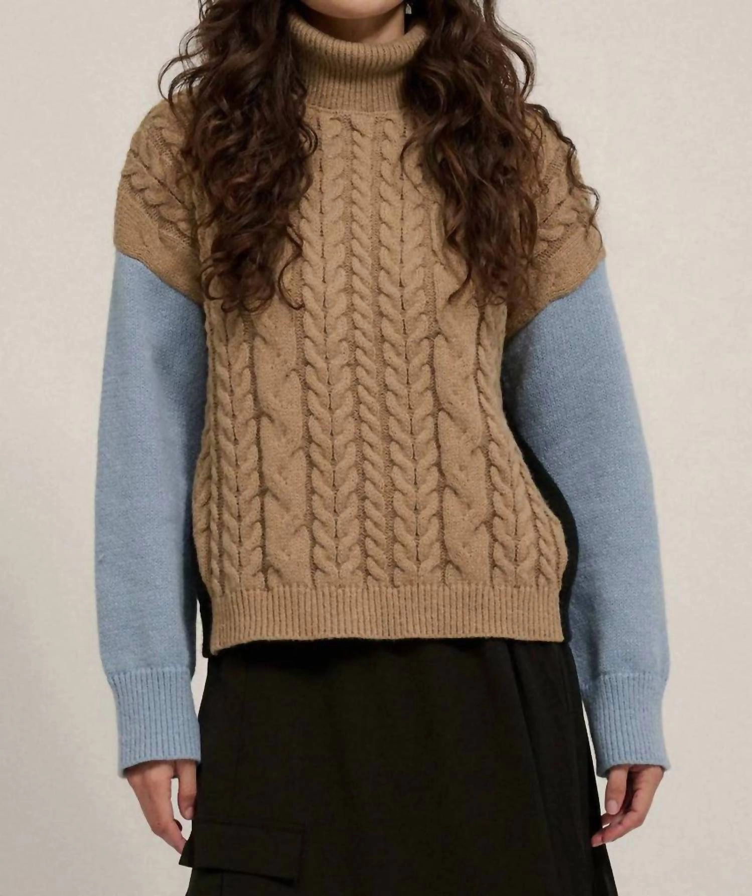 Color Block Turtle Neck Cable Knit Sweater In Taupe Tops Womens - cold-shoulder tops