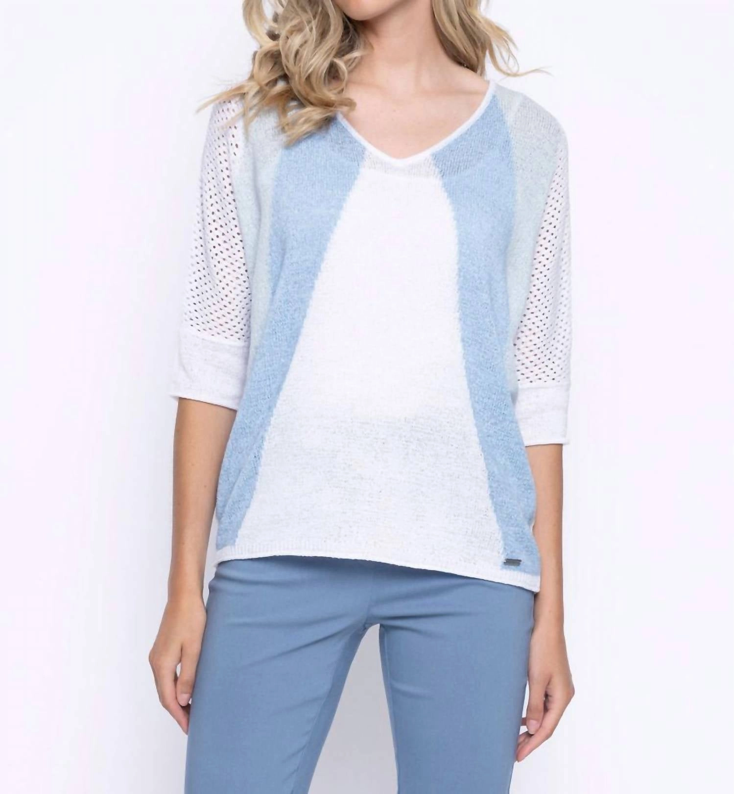 Color Blocking Knitted Top In White & Light Blue Tops Womens - camisoles best price