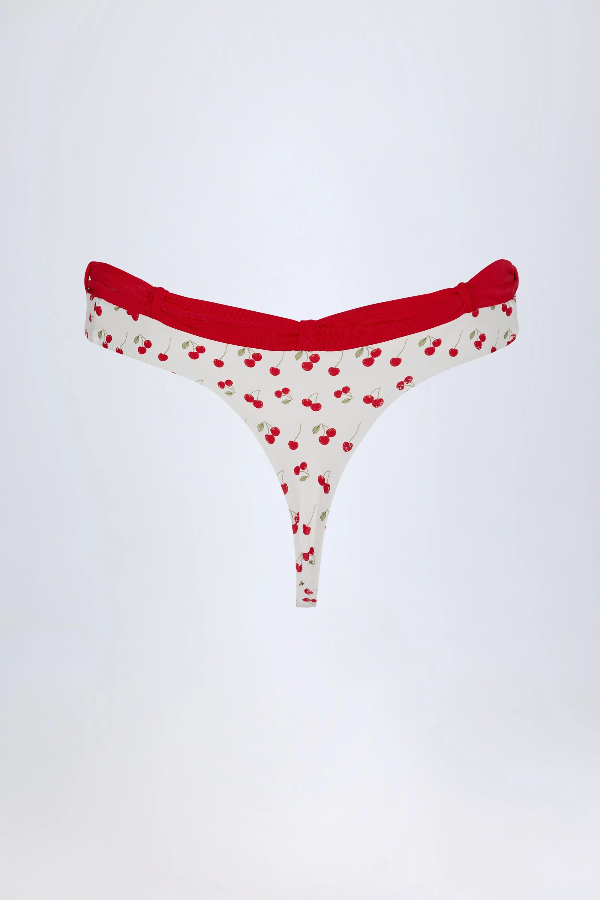 Contrast Belted Thong Bikini Bottoms in Cherry Print