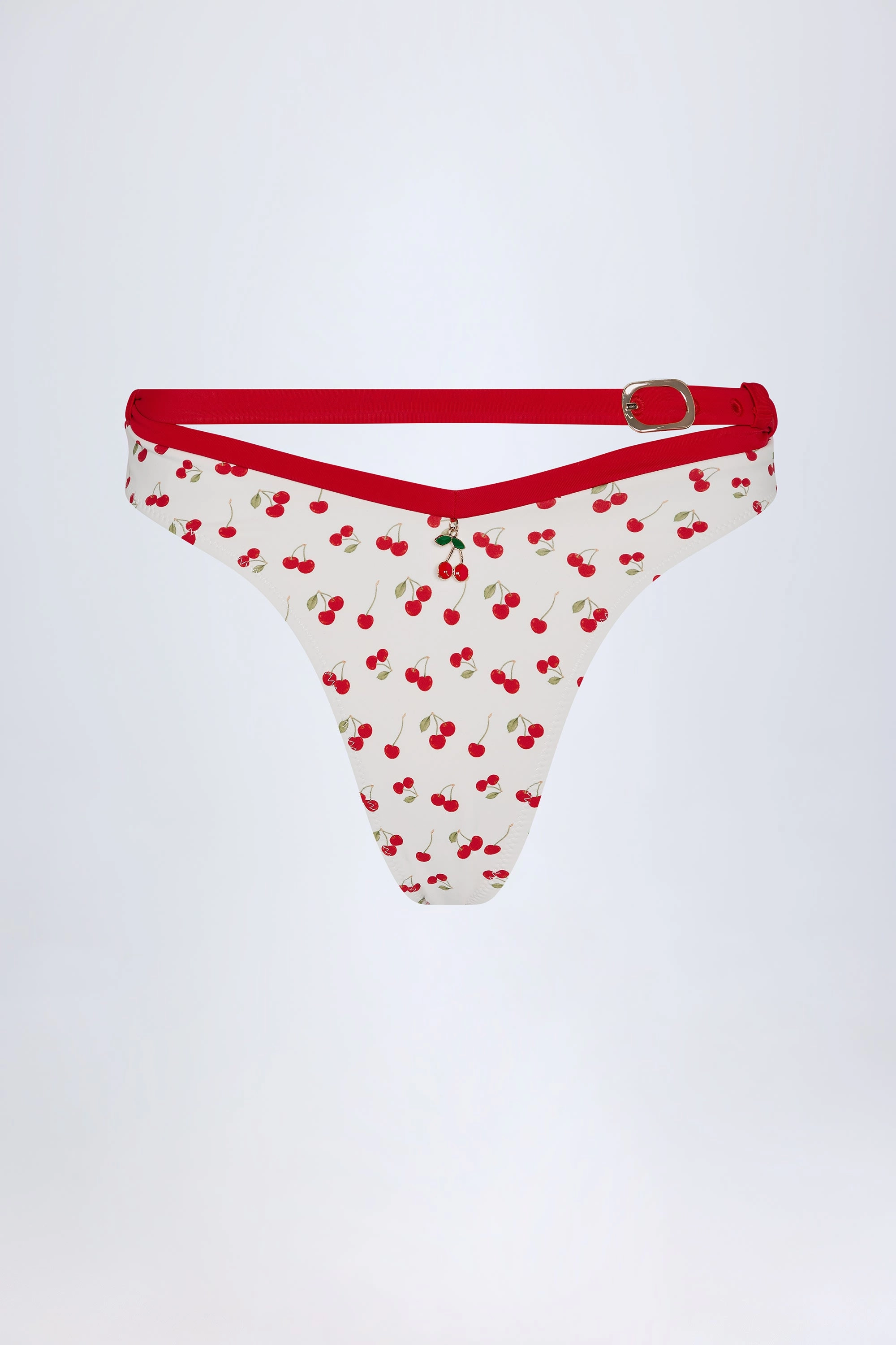 Contrast Belted Thong Bikini Bottoms in Cherry Print