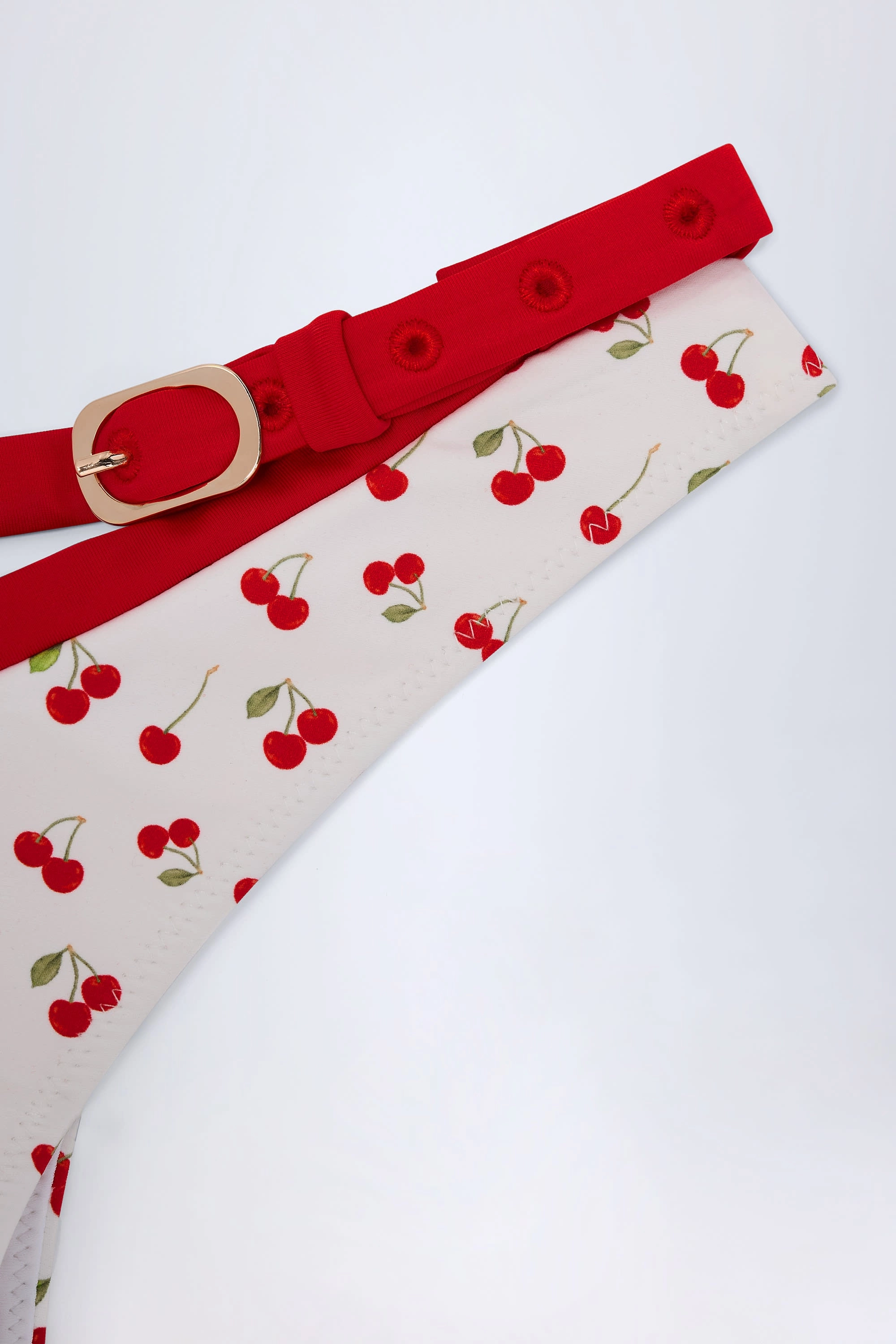 Contrast Belted Thong Bikini Bottoms in Cherry Print