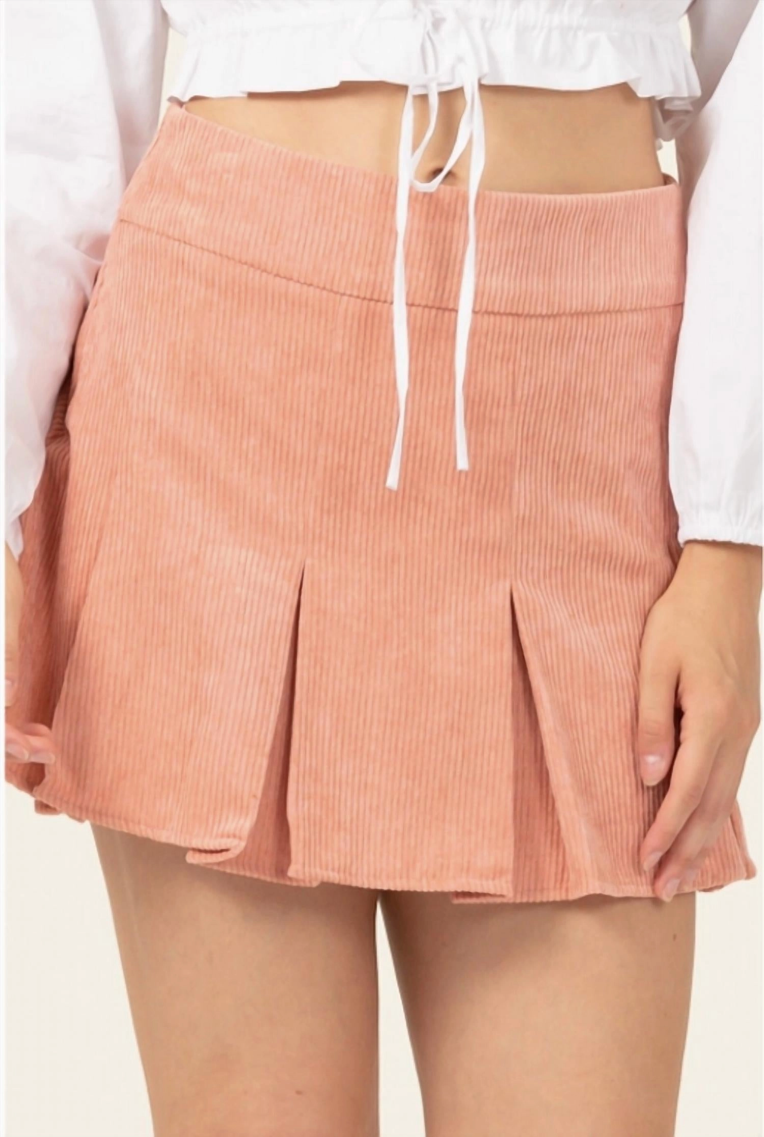 Corduroy Pleated Mini Skirt In Coral