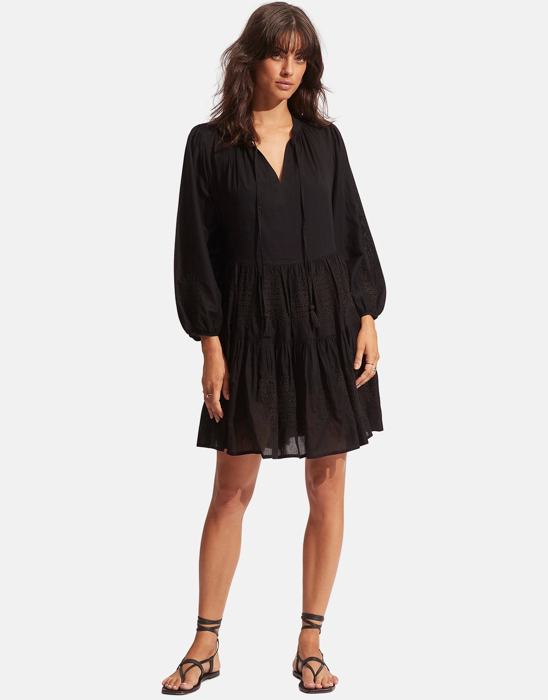 Corsica Embroidery Tier Dress - Black Swim Womens - swimwear sale
