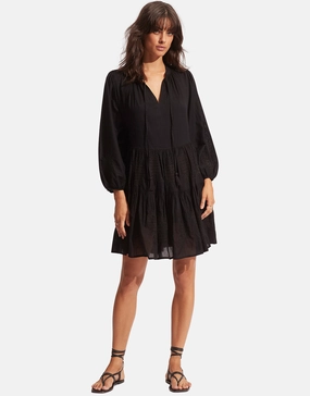 Corsica Embroidery Tier Dress - Black Swim Womens - swimwear sale