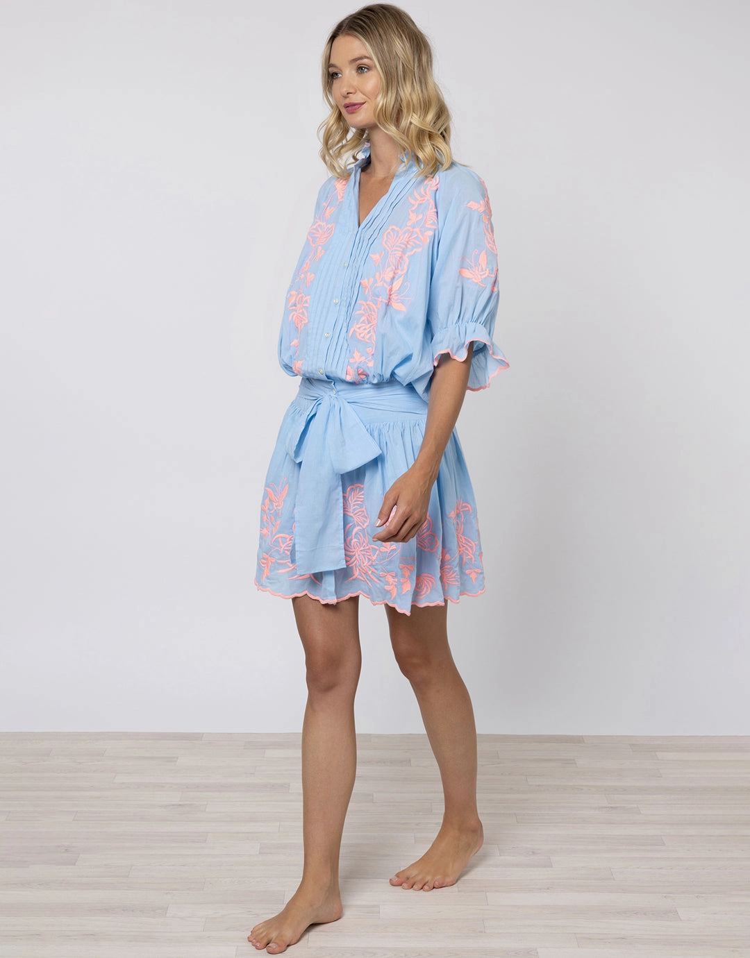 Cotton Blouson Dress with Butterfly Embroidery - Blue and Neon Pink Swim Womens - bikinis clearance
