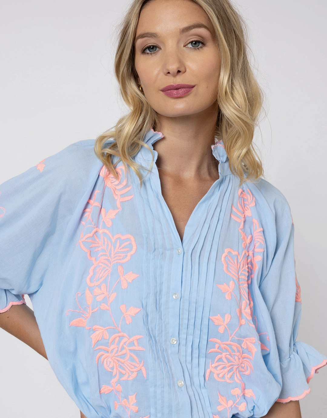 Cotton Blouson Dress with Butterfly Embroidery - Blue and Neon Pink