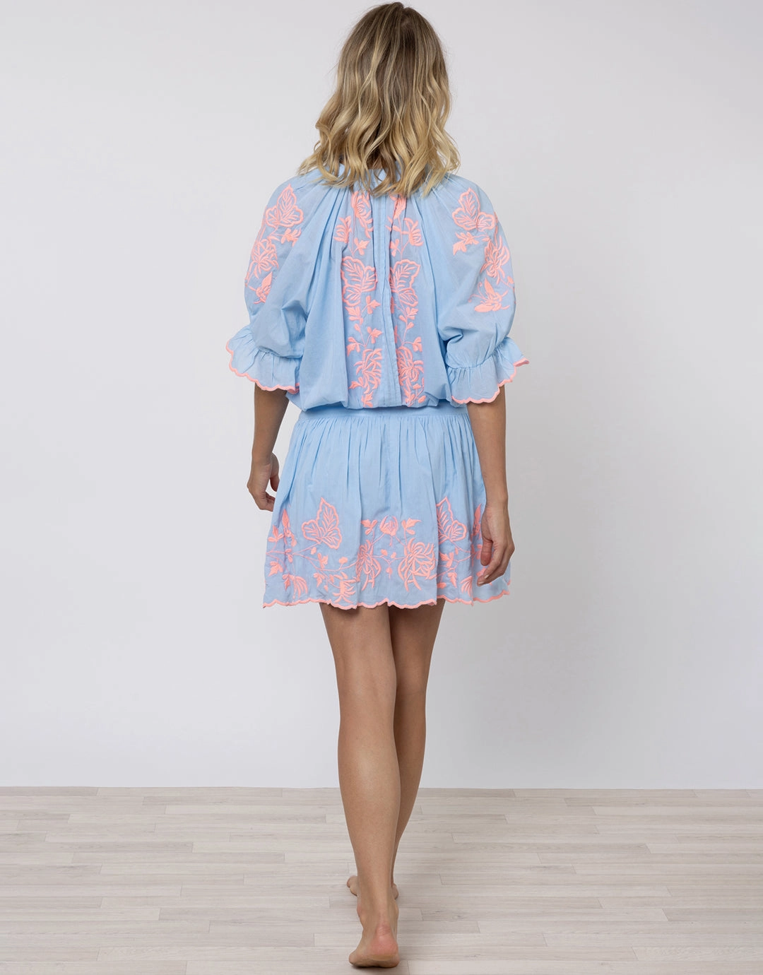 Cotton Blouson Dress with Butterfly Embroidery - Blue and Neon Pink