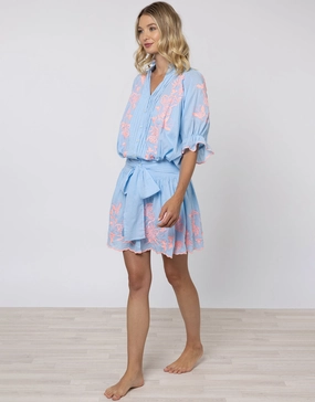 Cotton Blouson Dress with Butterfly Embroidery - Blue and Neon Pink Swim Womens - bikinis clearance