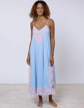 Cotton V-Neck Slip Dress with Butterfly Embroidery - Blue and Neon Pink Swim Womens - bikinis clearance