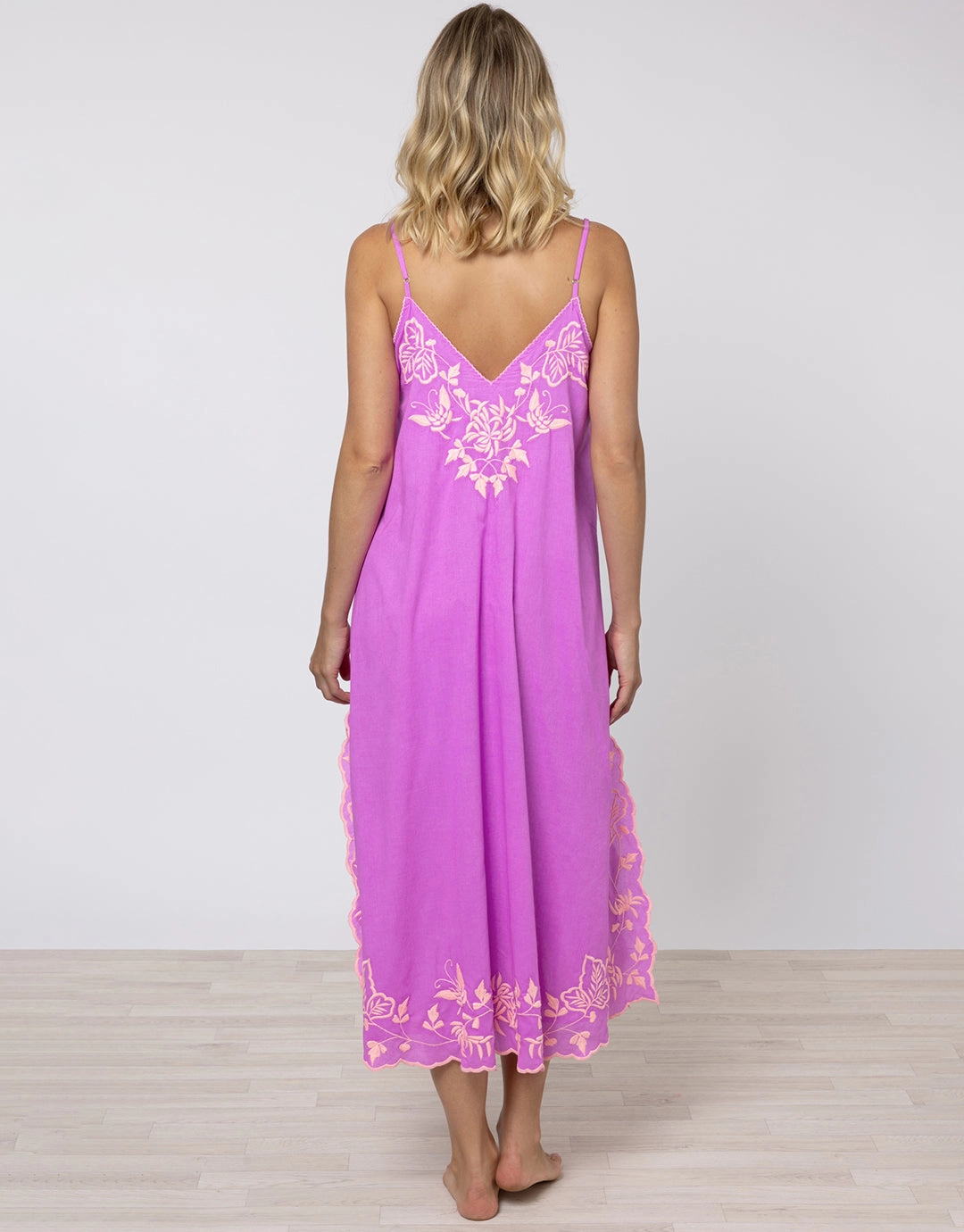 Cotton V-Neck Slip Dress with Butterfly Embroidery - Violet and Neon Peach