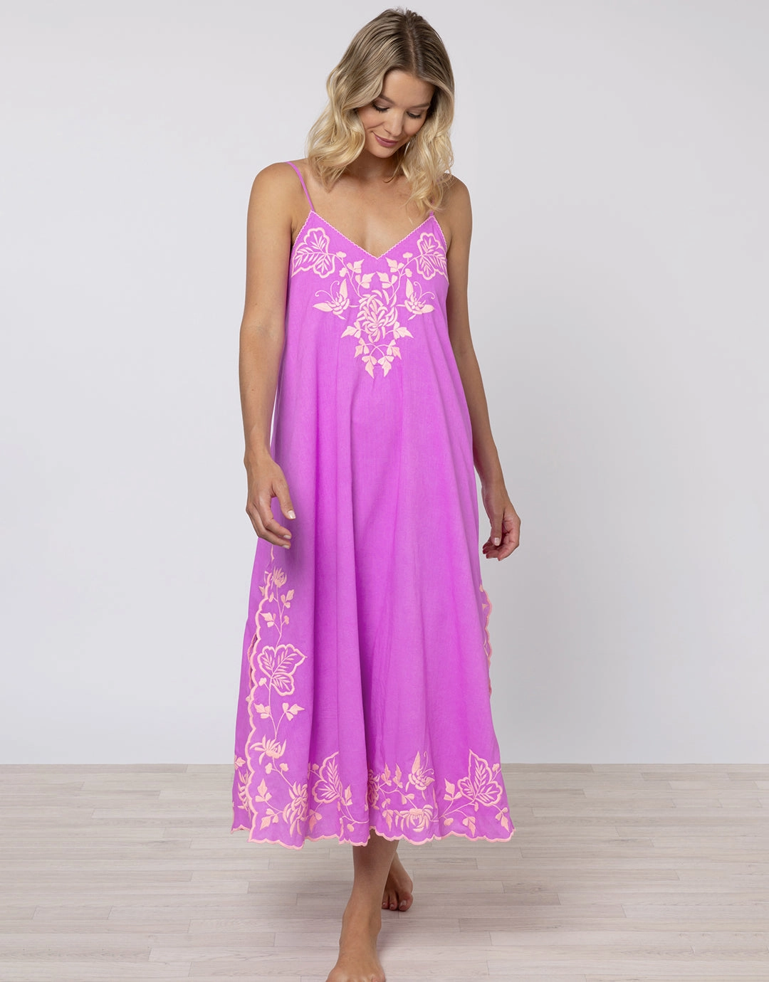 Cotton V-Neck Slip Dress with Butterfly Embroidery - Violet and Neon Peach
