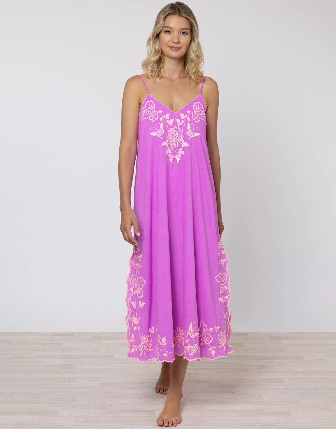 Cotton V-Neck Slip Dress with Butterfly Embroidery - Violet and Neon Peach Swim Womens - bikinis clearance