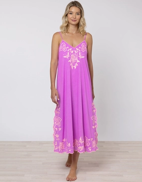 Cotton V-Neck Slip Dress with Butterfly Embroidery - Violet and Neon Peach Swim Womens - bikinis clearance