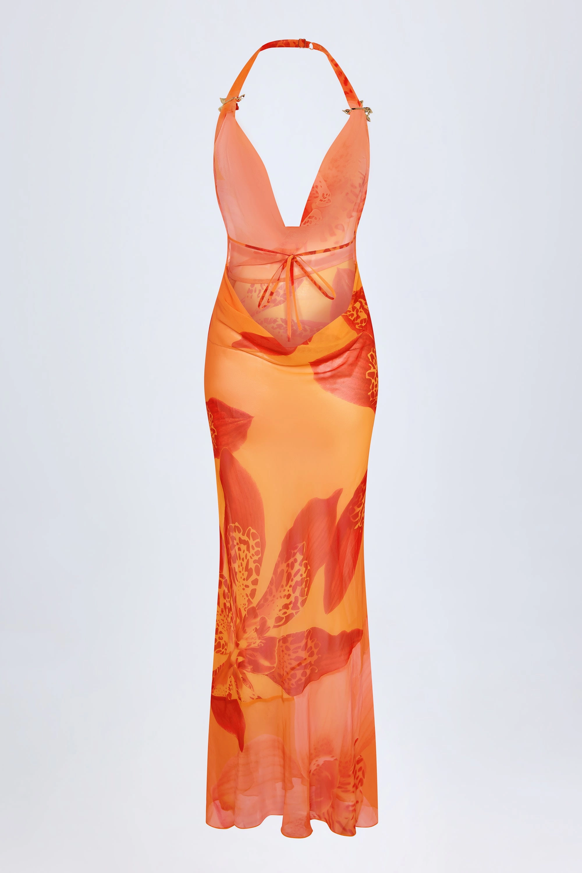 Cowl-Neck Hardware-Detail Maxi Dress in Orange Orchid Print