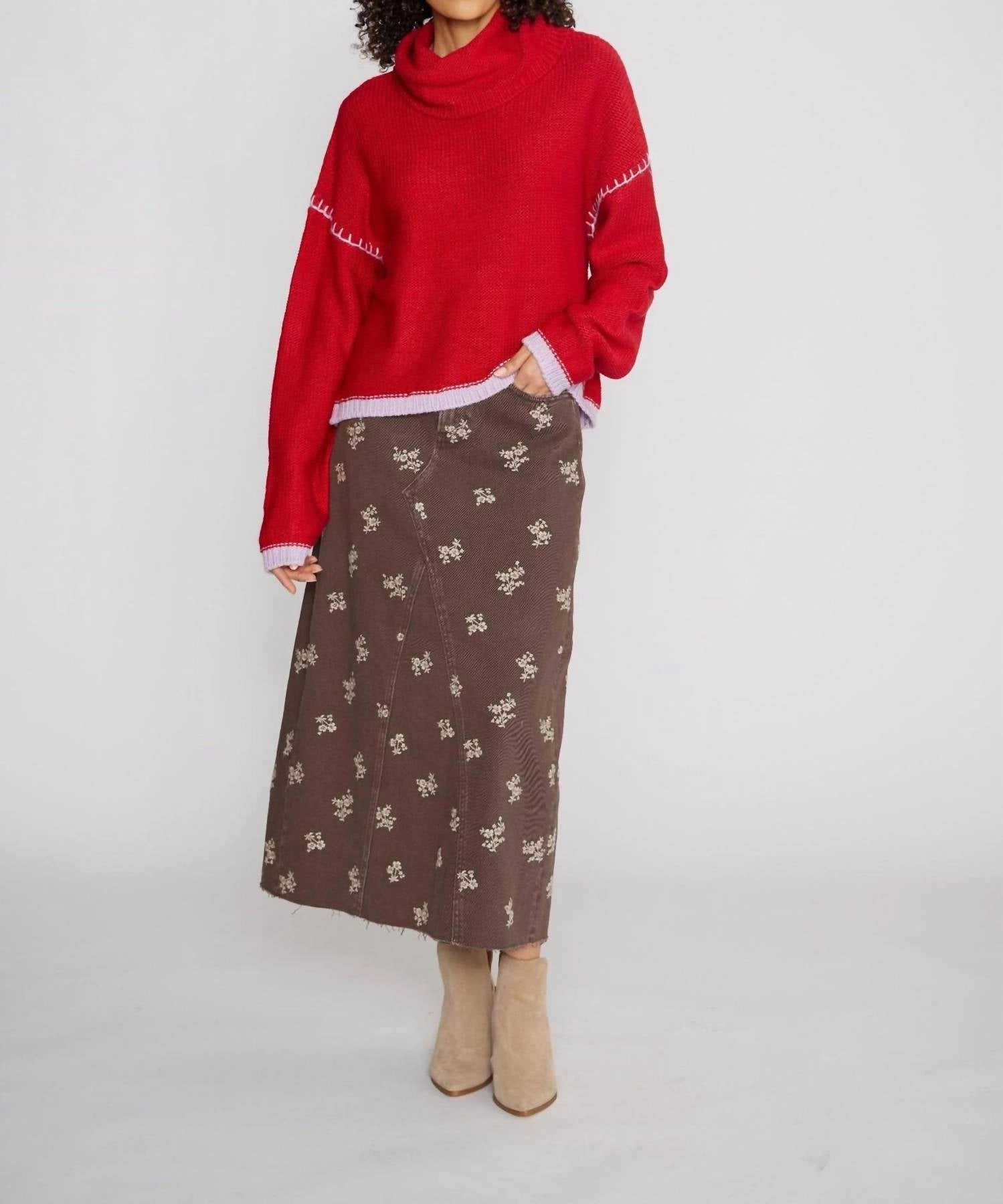 Cowl Neck Sweater With Contrast Stich In Red Tops Womens - lace tops sale