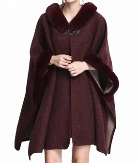 Cozy Faux Fur Hooded Poncho In Burgundy Tops Womens - peplum tops outlet