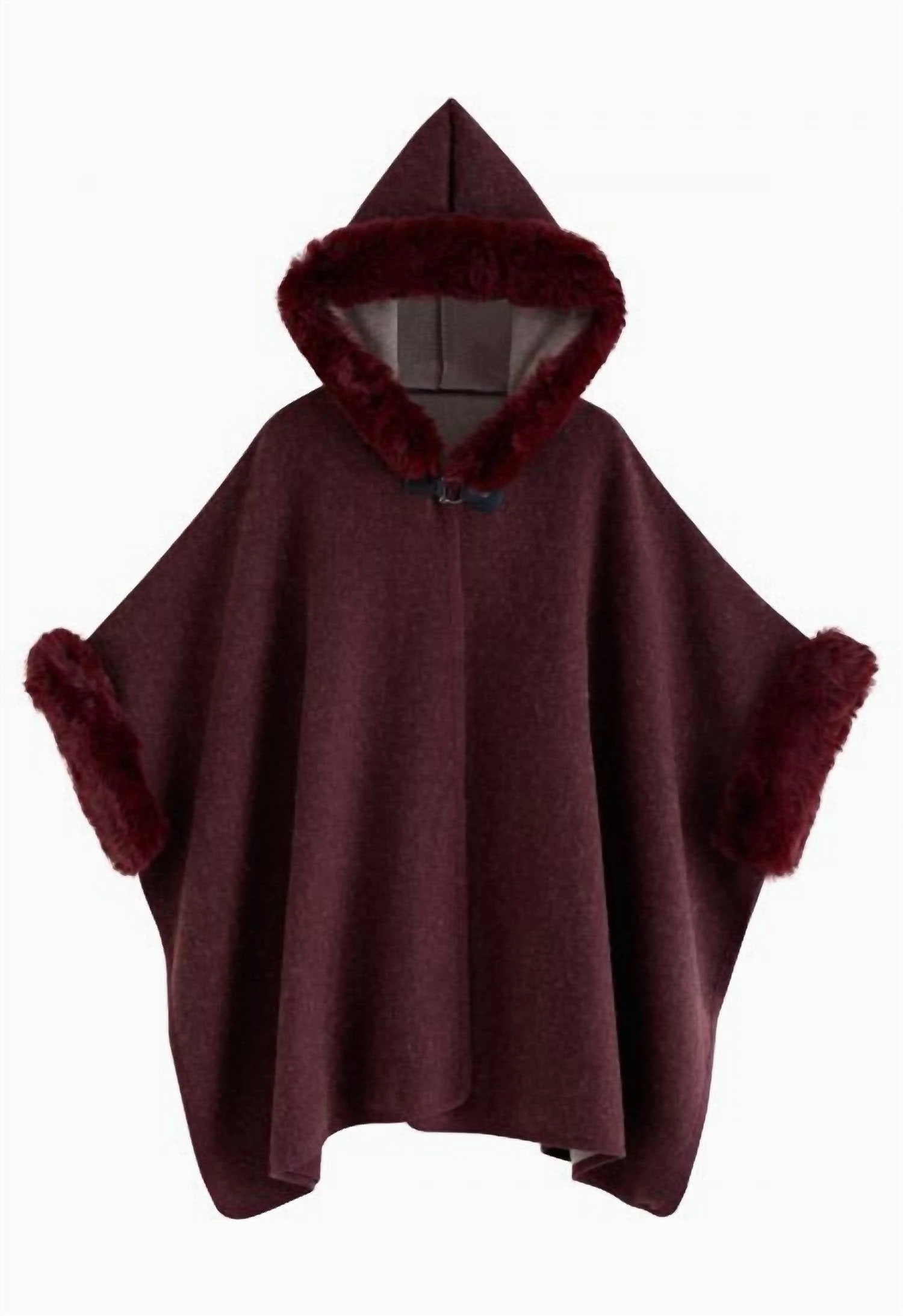 Cozy Faux Fur Hooded Poncho In Burgundy