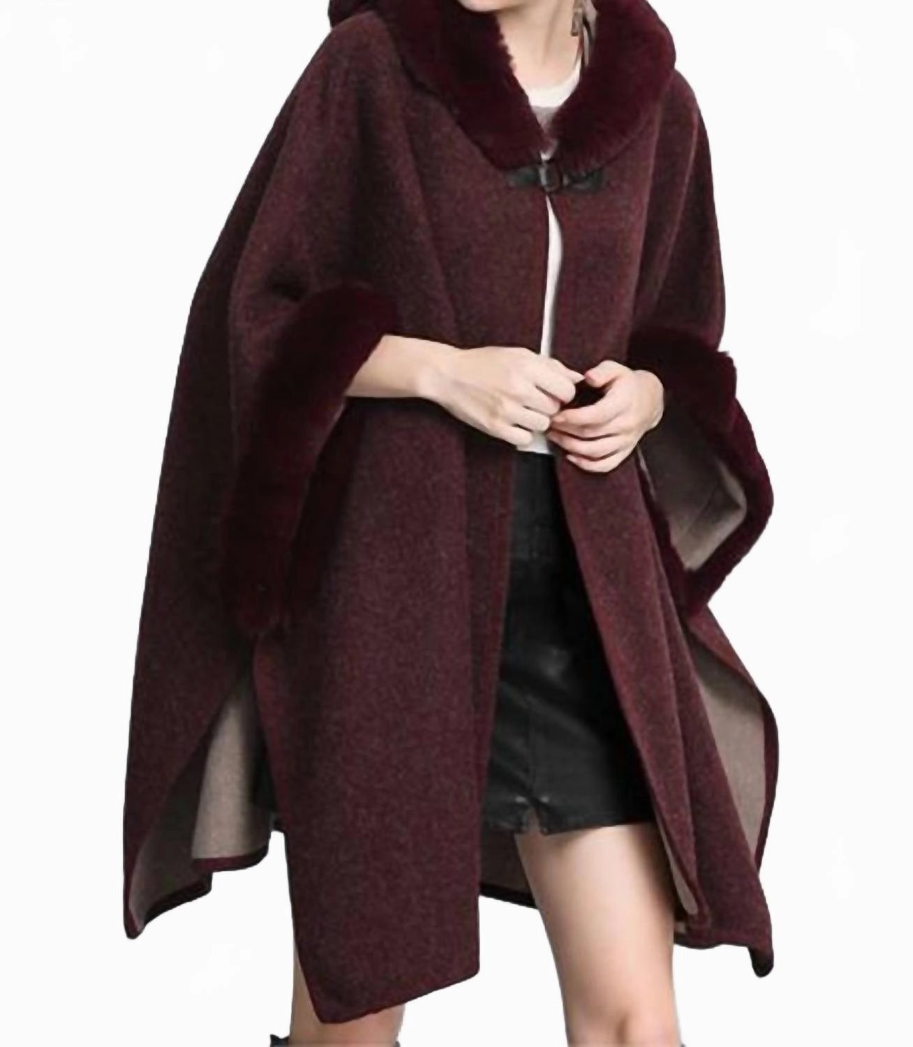 Cozy Faux Fur Hooded Poncho In Burgundy