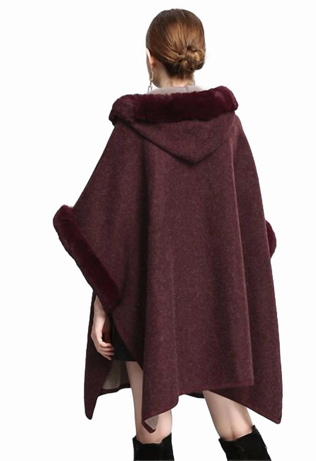 Cozy Faux Fur Hooded Poncho In Burgundy